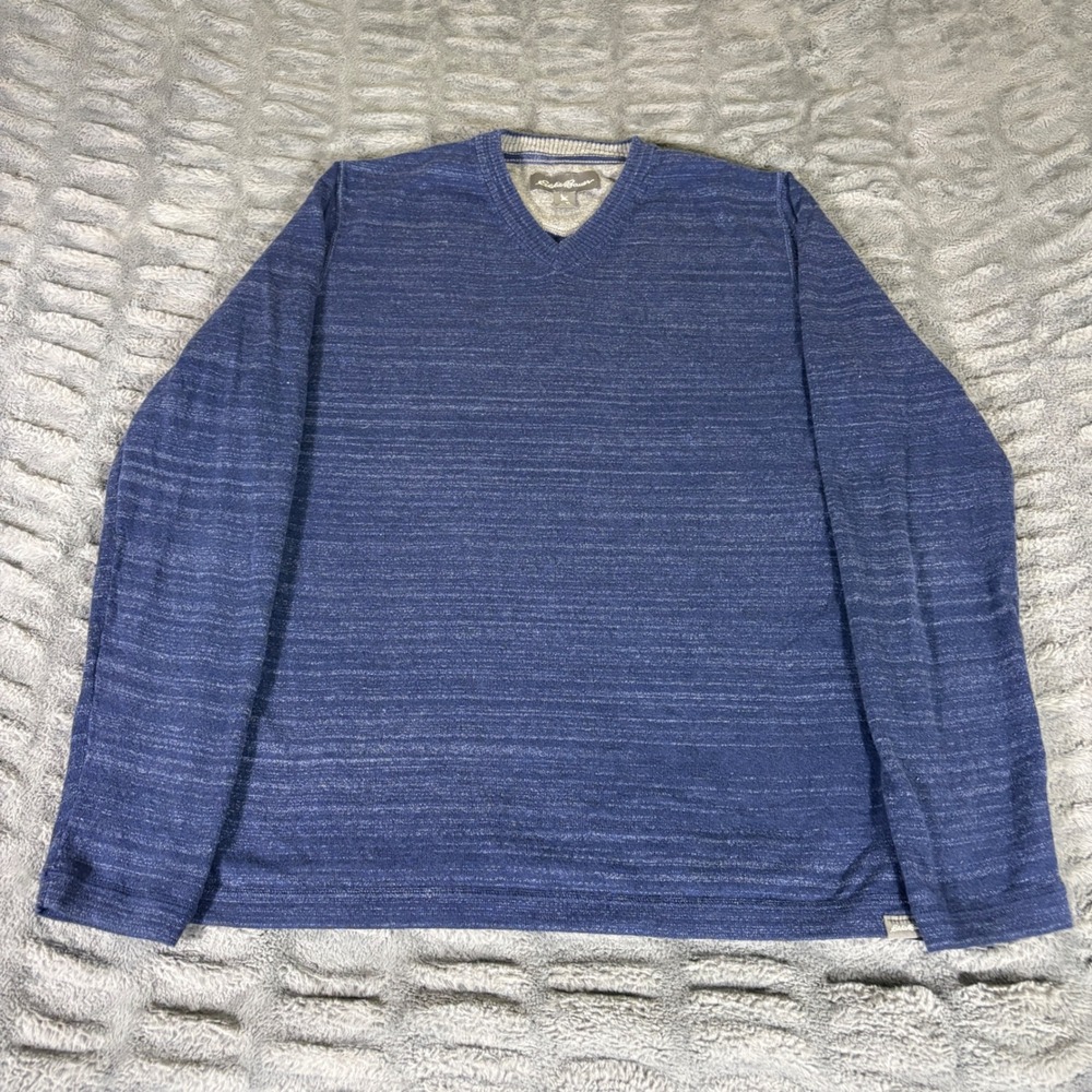 Eddie Bauer Mens Blue Cotton Merino Wool V-Neck Sweater Tall Large TL AT204